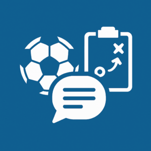 Ícones relacionados ao futebol, coaching e comunicação, com uma bola de futebol, um balão de fala e um quadro tático